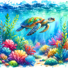 Cute sea turtle, ocean background, fish, coral, jellyfish, digital watercolor illustration