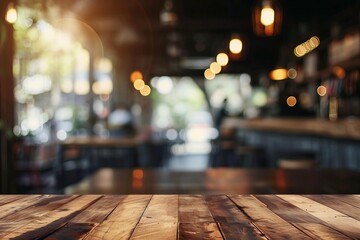 Wooden Table Top With Blurry Background Lights