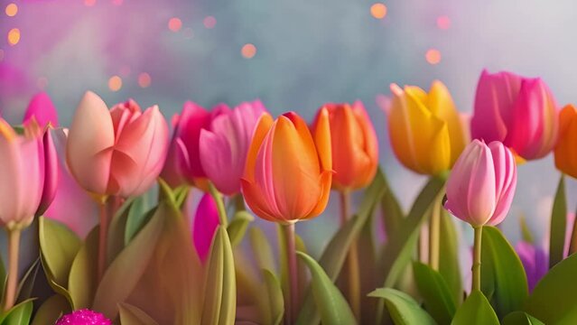 Tulips with sparkling lights. Spring background. Spring blossoming tulips colorful background, springtime bright flowers in the field, pastel and soft floral card, selective focus, shallow DOF, toned.
