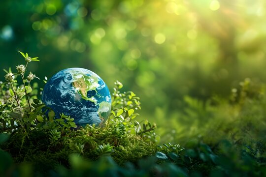 A miniature globe nestled among a bed of flowers, symbolizing environmental care and Earth Day