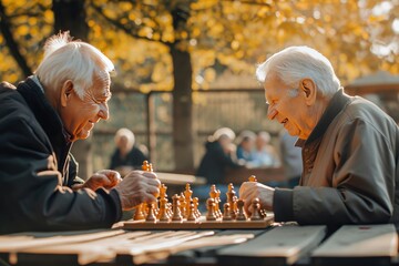 senior friends playing chess game at the park - obrazy, fototapety, plakaty