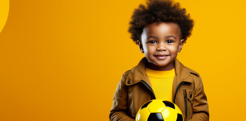Little champion. Adorable african american baby boy with soccer ball over yellow background in...
