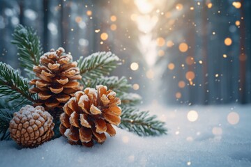 Pine cones in the snow. Winter background. Christmas background.