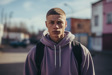 Obraz premium teenager looking at camera with city background