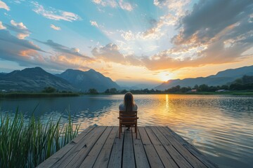 woman enjoy sit calm day dream on cozy chair at river pier, Wide view of mountains with cloud dawn dusk sky - obrazy, fototapety, plakaty