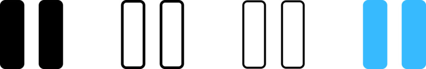 Pause button icons. Different styles, two sticks icons. Vector icons