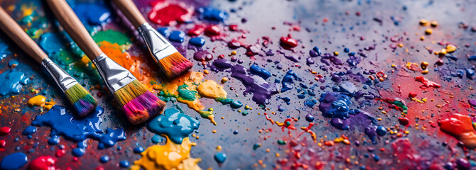 Three dirty brushes lying on a painted and splattered textured background with paint. Vibrant color palette. Learning and education in the arts.