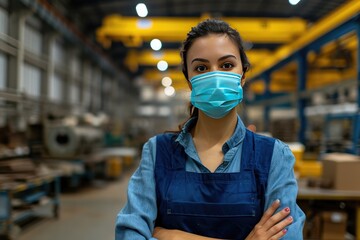 Fototapeta na wymiar Factory woman worker or technician with hygienic mask stand with confident action