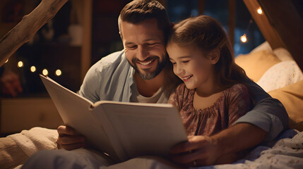 Happy family father and child daughter reading book in bed