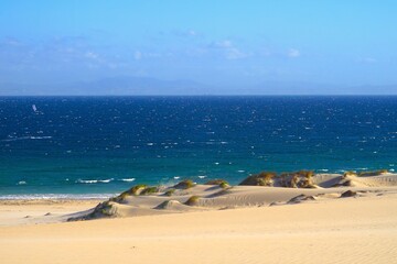 large sand dune of Valdevaqueros in Andalusia with a view to the Atlantic Ocean, Morocco at the...
