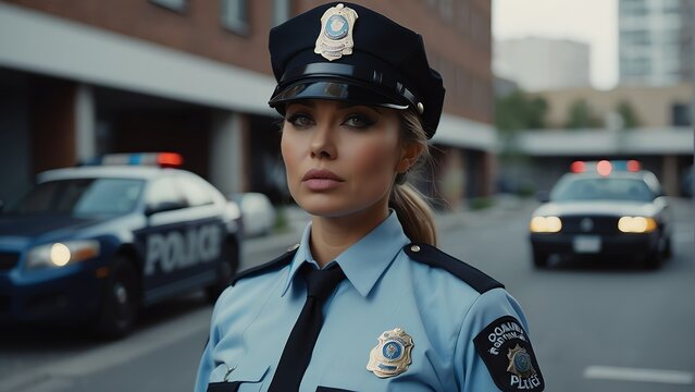 Portrait of a beautiful police woman on uniform on a police station background from Generative AI