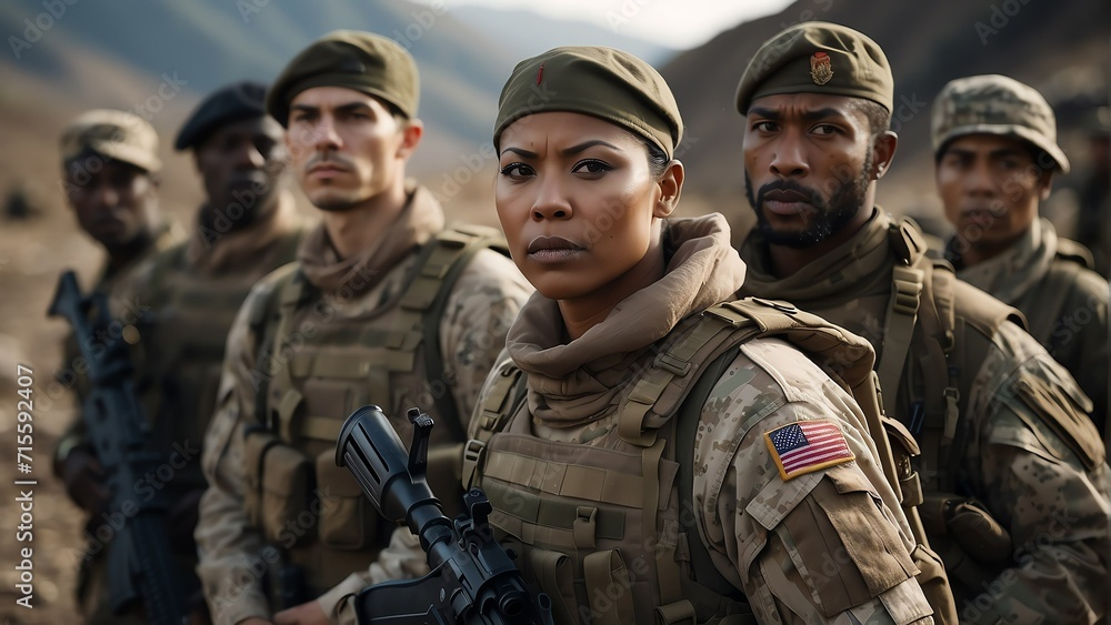 Poster portrait of diverse inclusive multi ethnic soldiers on a base camp background from generative ai