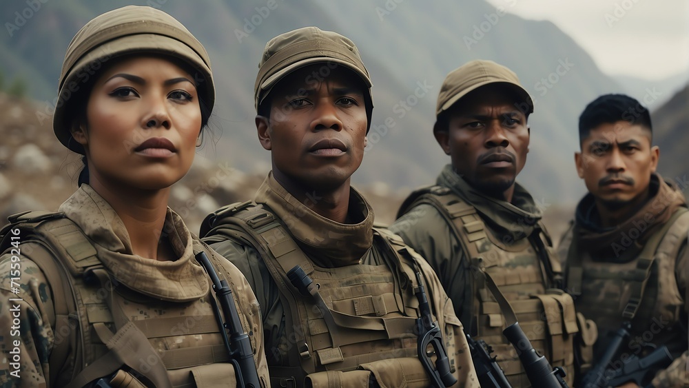 Poster portrait of diverse inclusive multi ethnic soldiers on a base camp background from generative ai
