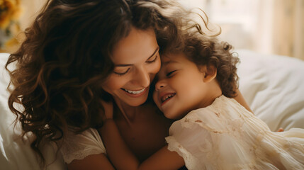 Happy Motherhood: Smiling mom and child sharing joyful