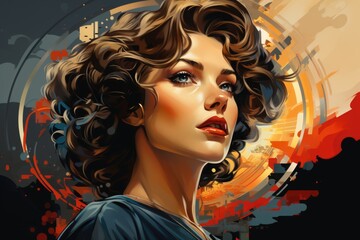 Fashion portrait of beautiful young woman with curly hair. Vector illustration.