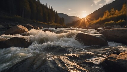 Rapid river water wavy current on a rocky mountain side at sunset from Generative AI