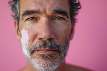 Close-up of mature man applying cream on his face against pink background
