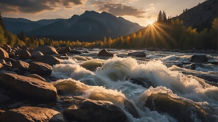 Rapid river water wavy current on a rocky mountain side at sunset from Generative AI