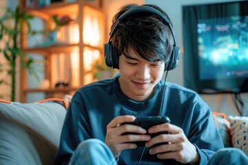 Happy asia man gamer wear headphone play video game online with smartphone