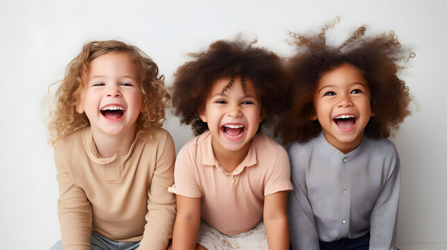 Group of cheerful children on isolated white background. Smiling faces of young people.