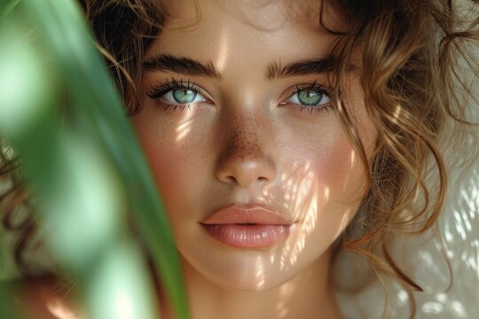 Close up portrait of beautiful young woman with green eyes and curly hair.