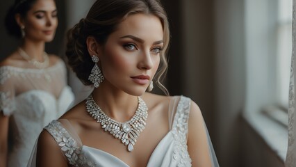 Woman wearing a white dress ensemble, showcasing the beauty of a young bride with a diamond earrings and necklace set from Generative AI - obrazy, fototapety, plakaty