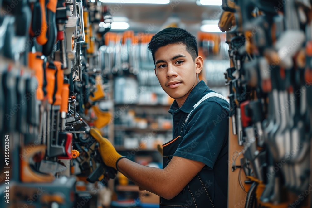 Wall mural young latin man working in hardware store