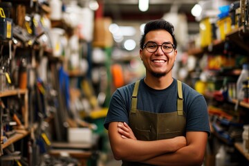 Young latin man working in hardware store - obrazy, fototapety, plakaty