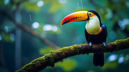 Naklejka premium Wallpaper with Toucan sitting on the branch in the forest, green vegetation, full of copy space, colorful