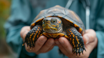 Cropped view of veterinarian in blue coat holding cute turtle in hands, caring and treating animals