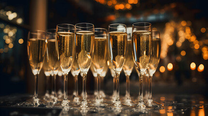 Wedding champagne glasses at indoor wedding reception, closeup of alcohol beverage - obrazy, fototapety, plakaty