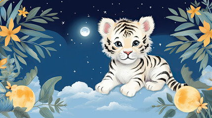 White tiger cub sitting under the starry sky