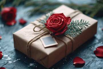 Gift box with red rose on rustic background with copy space