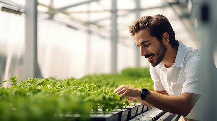 Young male agronomist with green seedlings, worker with smile while standing against interior of spacious greenhouse, copy space, seasonal work