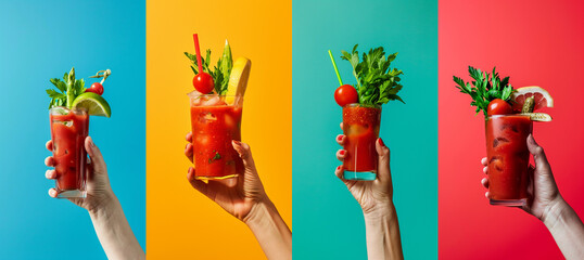 Summer concept - hand holding bloody mary cocktail, solid color background