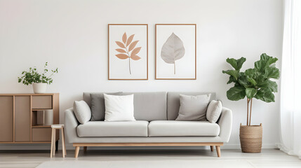 Room interior with gray sofa, cabinet and plant. Mockup Frame hanging on the wall.