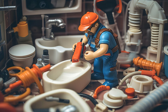 Toy Plumber At Work In A Bathroom, Plumbing Repair Service, Assemble And Install Concept