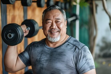 Fat middle aged asian man dumbbell exercising - obrazy, fototapety, plakaty