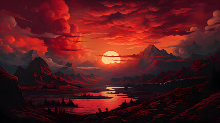 Dramatic red sunset casting a warm glow over mountain peaks, creating a captivating abstract wallpaper.