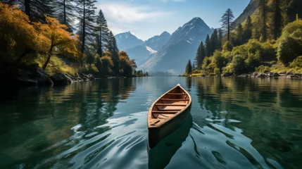 Foto auf Acrylglas A breathtaking ultra-realistic landscape showcases towering mountains, a pristine lake, and lush pine forests wit a boat © Aulia