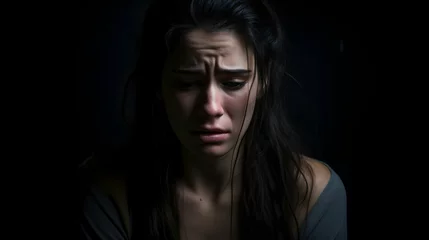 Fotobehang Sad woman in depression and despair crying on black dark background © pawczar