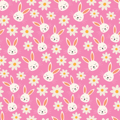 Cute cartoon Easter  rabbits with white flowers seamless pattern on pink background. For kids fabric, wrapping paper and easter decoration