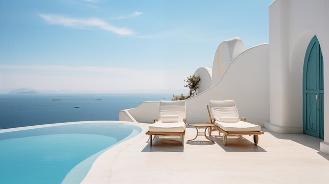 
Two deck chairs on terrace with pool with stunning sea view. Traditional mediterranean white architecture with arch. Summer vacation concept