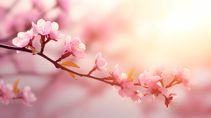 Sunny Spring Border: Pink Blossom and Sun Flare in Nature Scene