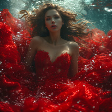 Beautiful red girl in an underwater fashion photo, in the style of flowing fabrics, rtx on, dima dmitriev, elaborate costumes, wavy, high resolution, light-focused