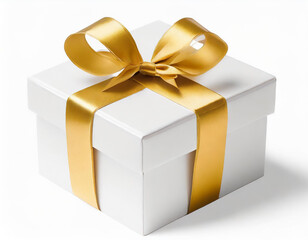 White gift box with gold ribbon. Isolated on a white background. 3D illustration