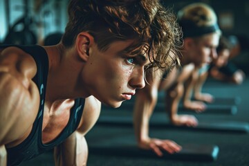 Fototapeta premium Fit young people doing pushups in a gym looking focused