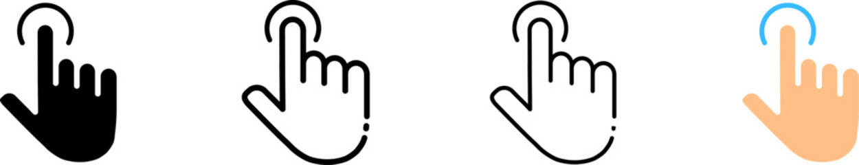 Finger press icons. Different styles, human hand, finger pressing icons. Vector icons