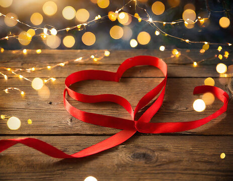 Red Ribbon In Heart Shape On Wooden Table With Lights