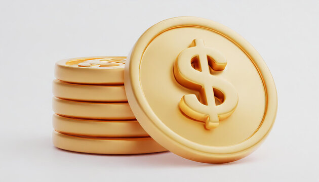 Gold coin with dollar sign isolated on white background. 3D icon, sign and symbol. Cartoon minimal style. 3D Render Illustration